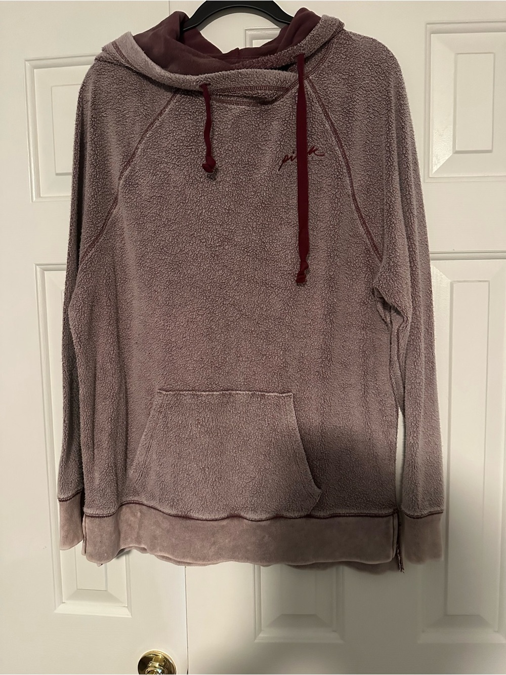PINK Victoria's Secret Plush Pullover Hoodie in Dusty Mauve with Wine Accents